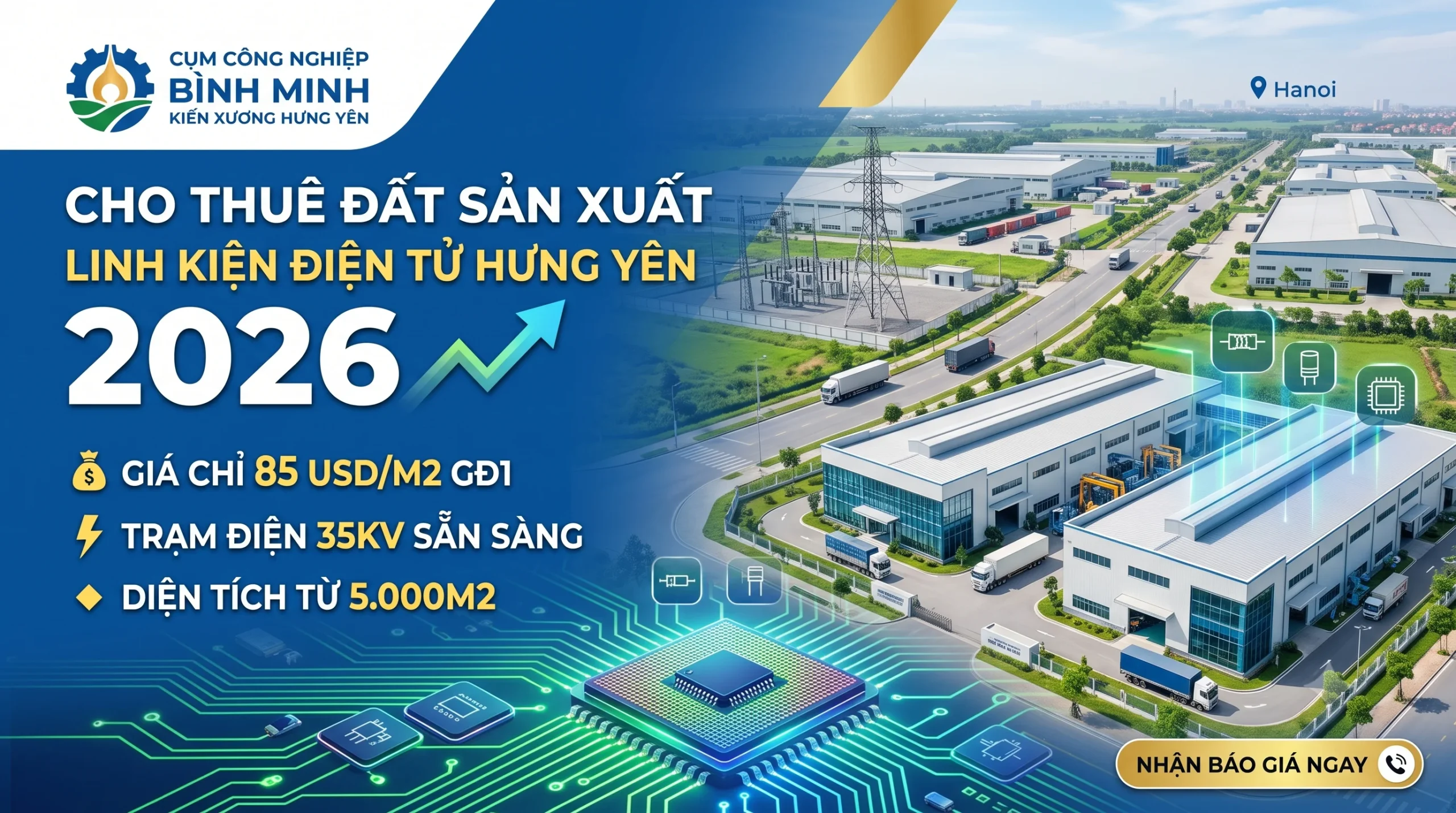 Cho thuê đất sản xuất linh kiện điện tử Hưng Yên tại Cụm công nghiệp Bình Minh
